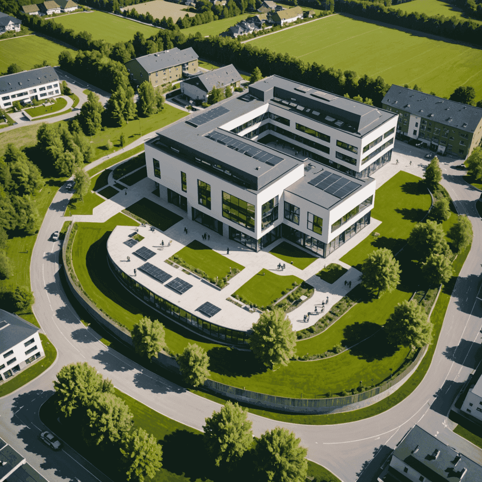 Luftaufnahme des neuen Gemeinschaftszentrums in Steinborn, ein modernes Gebäude mit grüner Umgebung und Menschen, die davor stehen