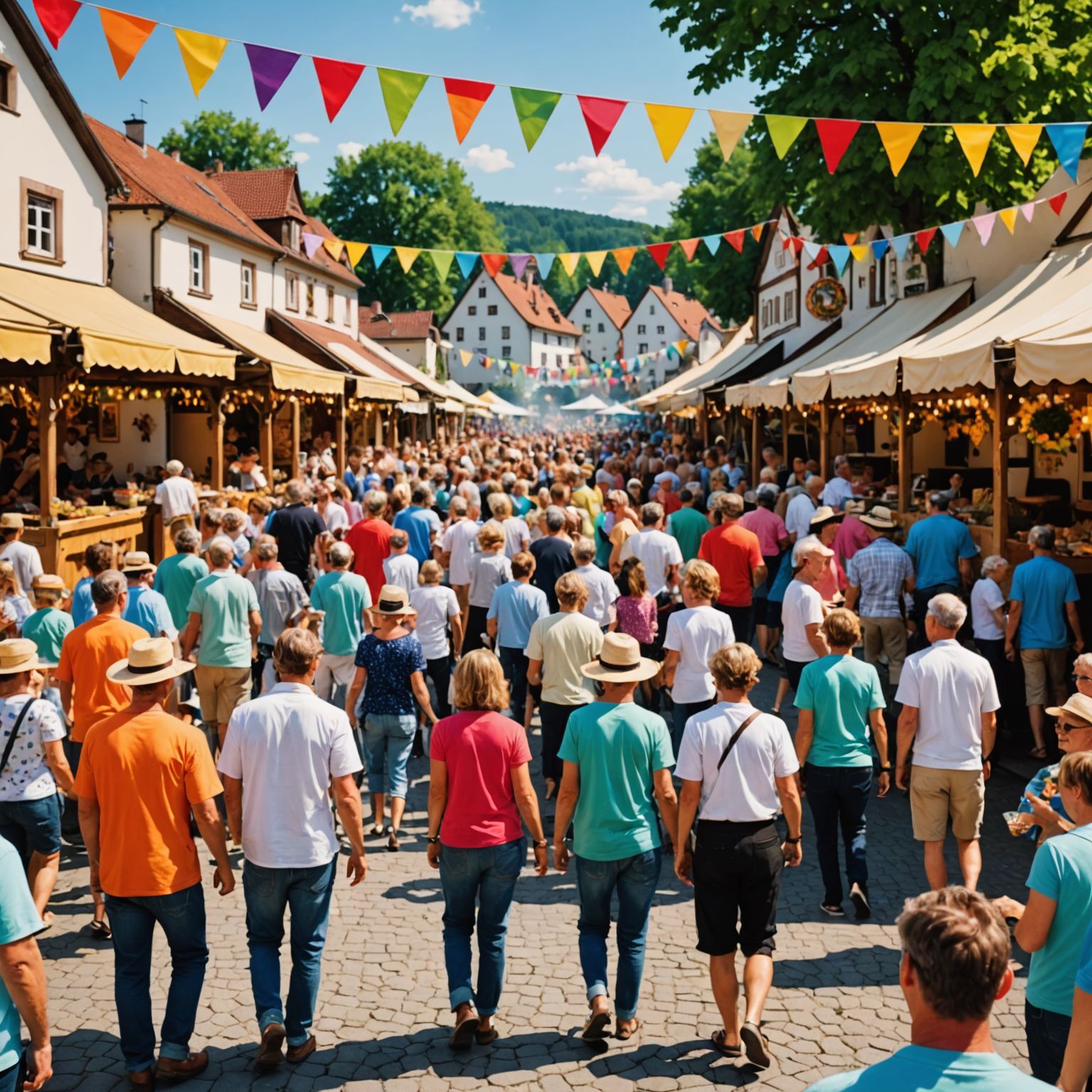 Ein buntes Sommerfest in Steinborn mit Menschen, die an Ständen feiern, Musik hören und tanzen