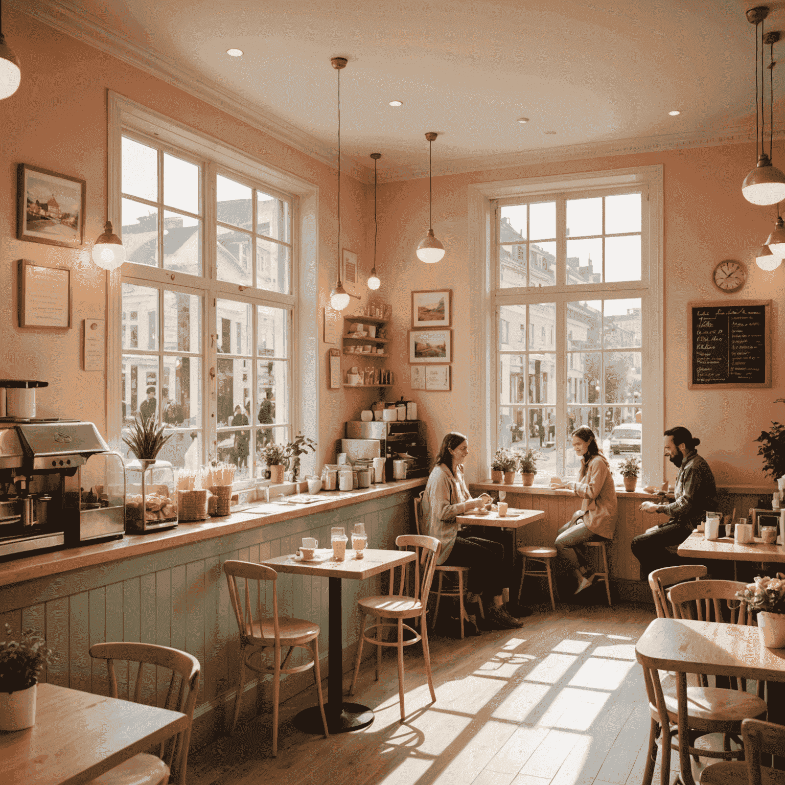 Ein gemütliches Café mit sonnendurchfluteten Fenstern, lächelnden Kunden und freundlichem Personal. Die Einrichtung ist in warmen Pastelltönen gehalten.