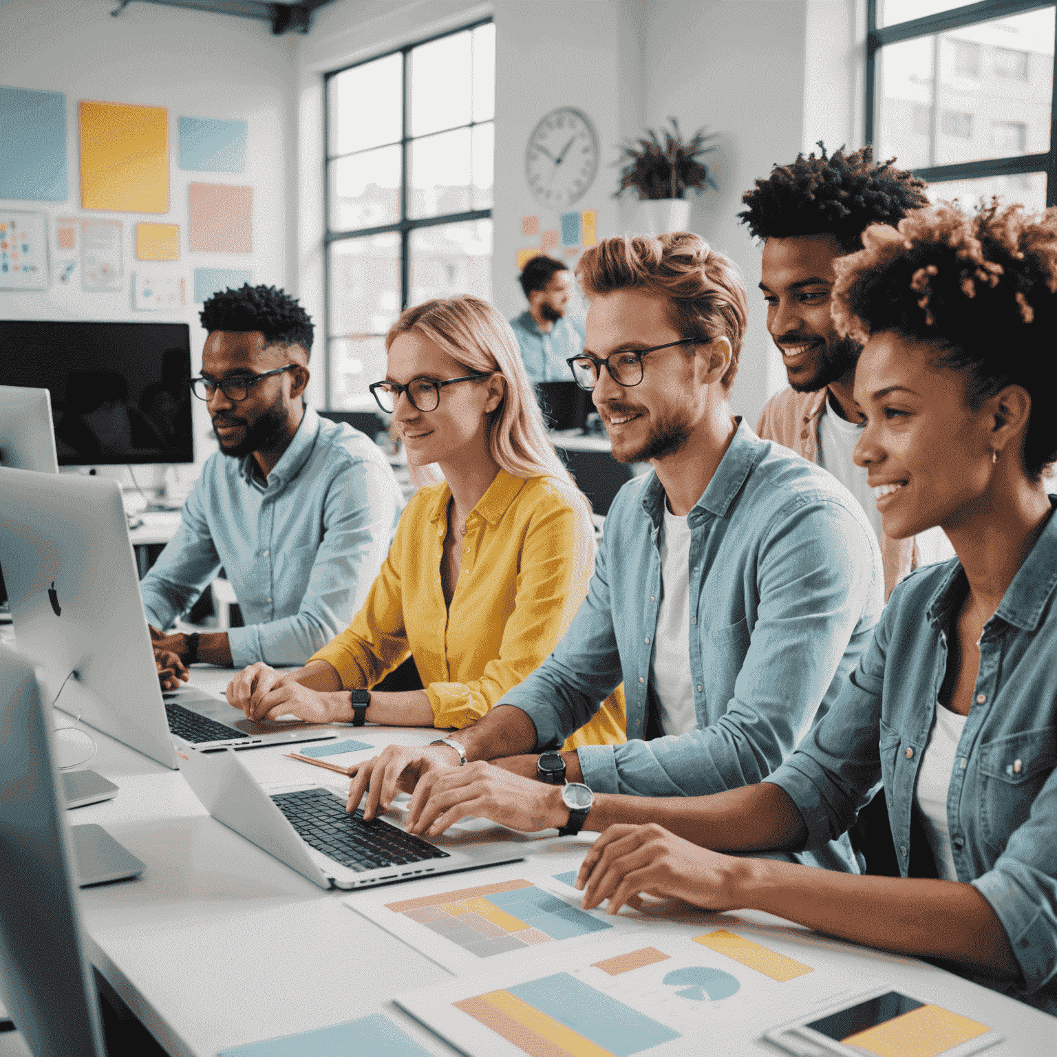 Eine Gruppe von Menschen, die an Computern arbeiten und digitale Marketingstrategien diskutieren. Sie sitzen in einem hellen, modernen Büro mit pastellfarbenen Akzenten.