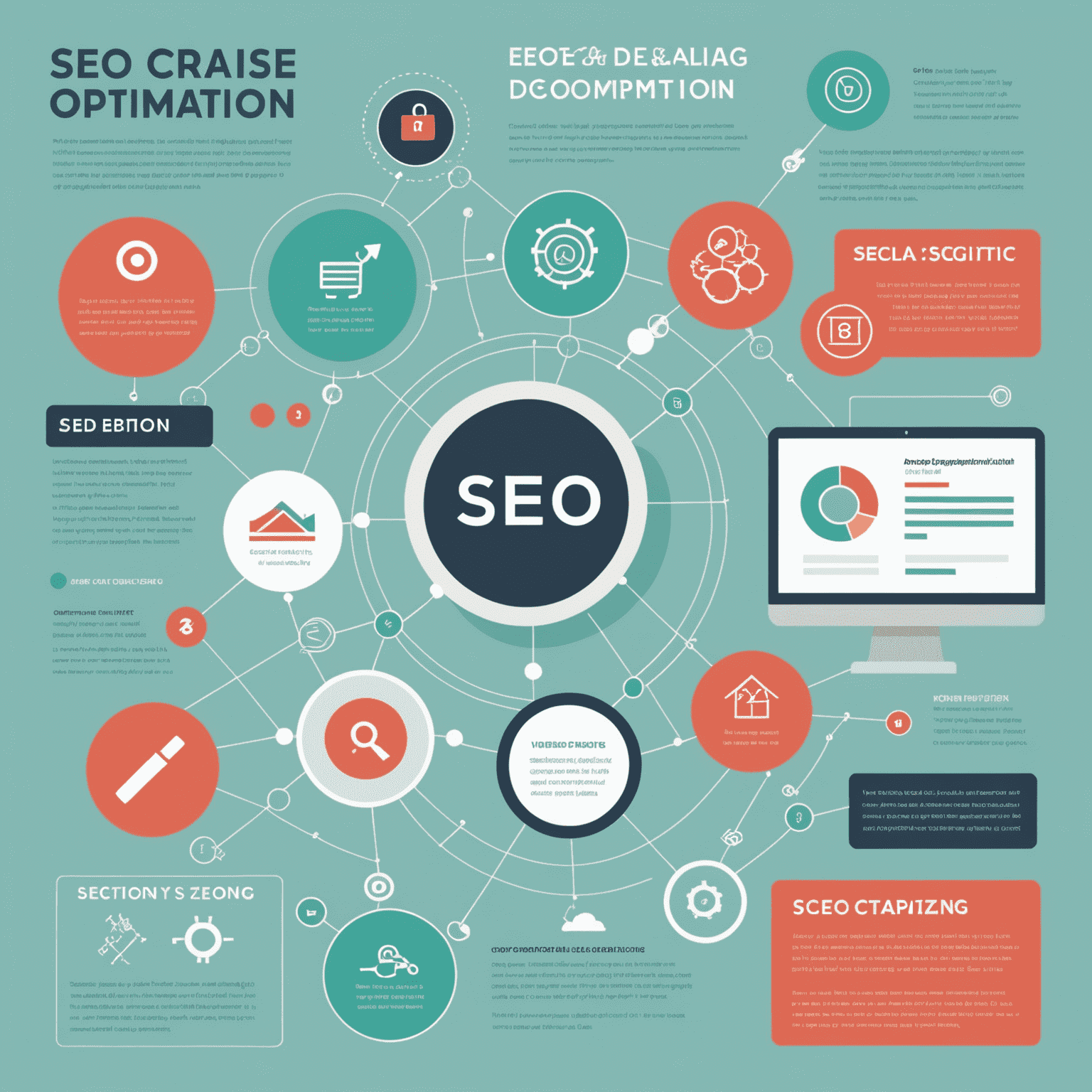 Eine Infografik, die verschiedene Aspekte der SEO-Optimierung zeigt, einschließlich Keyword-Recherche, On-Page-Optimierung und Linkbuilding. Die Grafik verwendet die Websitefarben Pastellblau, Mintgrün und Koralle.