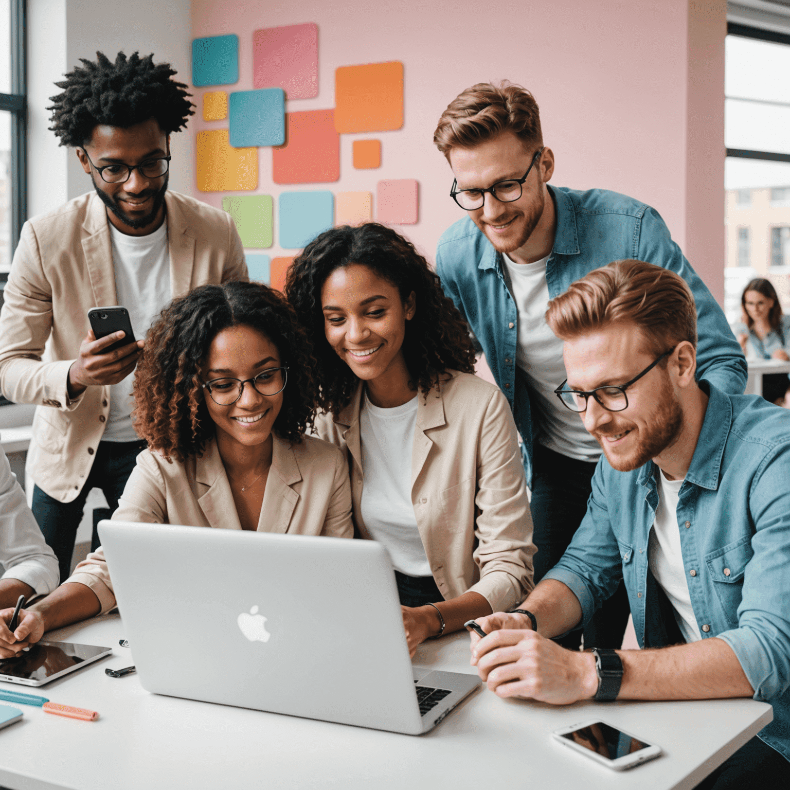 Eine Gruppe von Menschen, die gemeinsam an Laptops und Smartphones arbeiten, um Social-Media-Inhalte zu erstellen und zu verwalten. Sie sitzen in einem hellen, modernen Büro mit pastellfarbenen Akzenten.