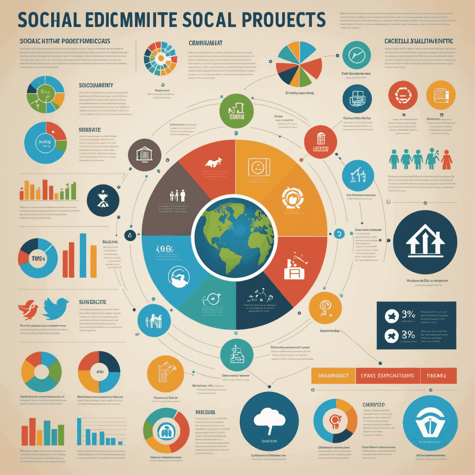Infografik, die verschiedene soziale Projekte und deren Auswirkungen zeigt, mit Symbolen für Bildung, Gemeinschaft und Chancengleichheit