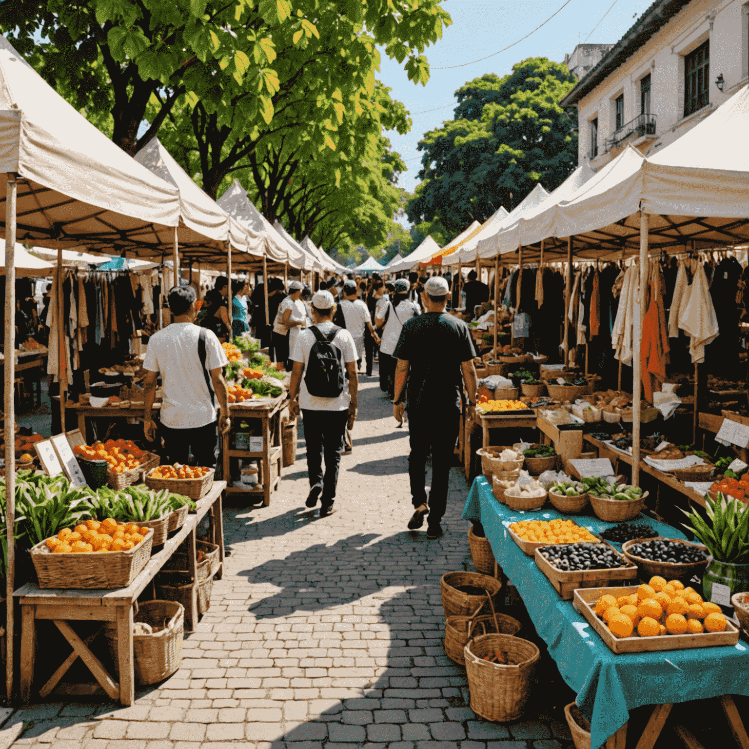 Ein Kunsthandwerkermarkt mit vielen bunten Ständen, an denen lokale Künstler ihre Werke präsentieren
