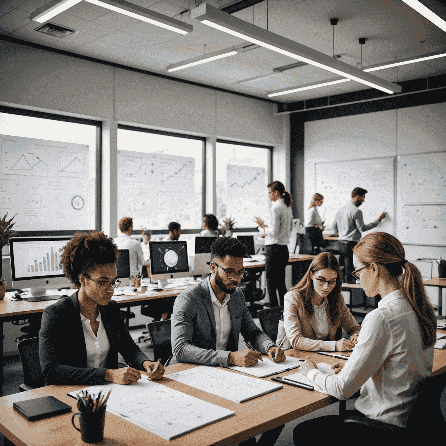 Ein modernes Büro mit jungen, diversen Mitarbeitern, die an innovativen Technologieprojekten arbeiten. Im Hintergrund sind Whiteboards mit Skizzen und Diagrammen zu sehen.