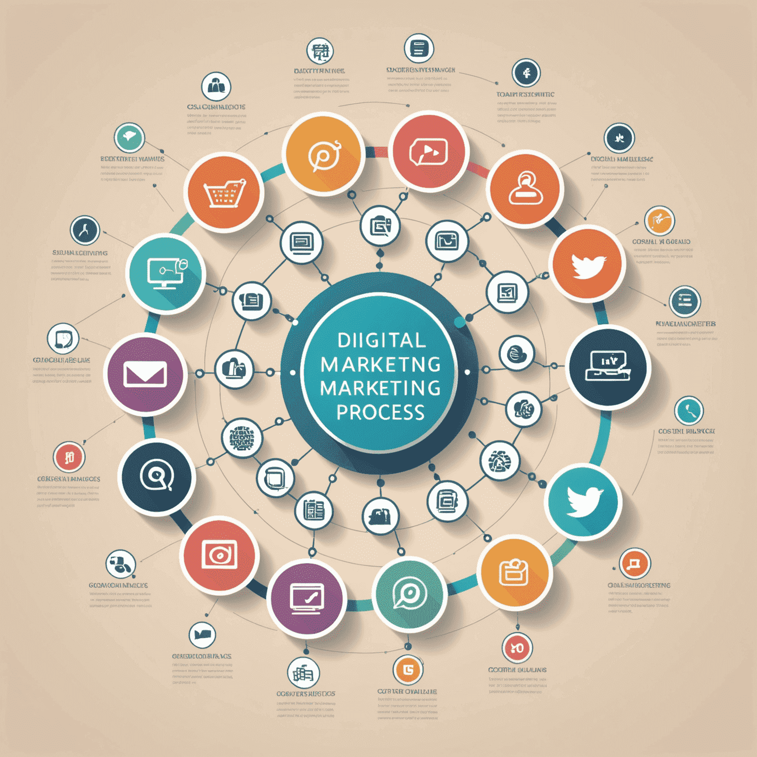 Ein Diagramm, das den digitalen Marketingprozess visualisiert, mit Symbolen für verschiedene Kanäle wie Social Media, SEO und Content Marketing, in pastellfarbenen Tönen gehalten.