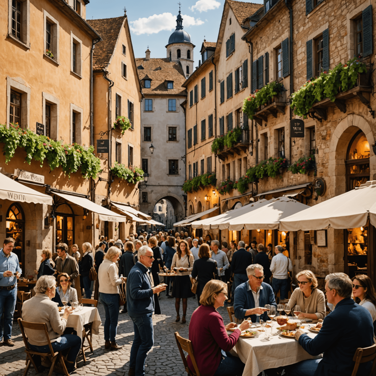 Ein gemütliches Weinfest mit Menschen, die in einer malerischen Altstadt Wein verkosten und sich unterhalten