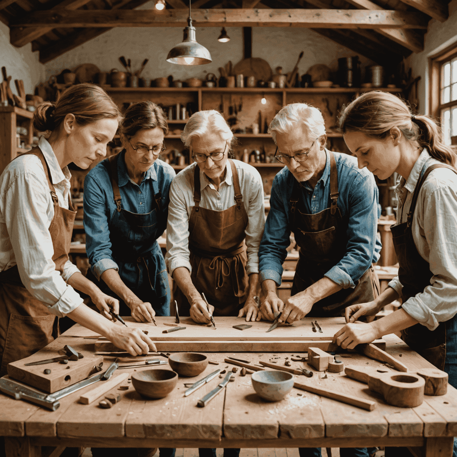 Eine Gruppe von Handwerkern verschiedenen Alters und Geschlechts, die gemeinsam an einem großen Holztisch arbeiten. Im Hintergrund sind traditionelle und moderne Werkzeuge zu sehen.