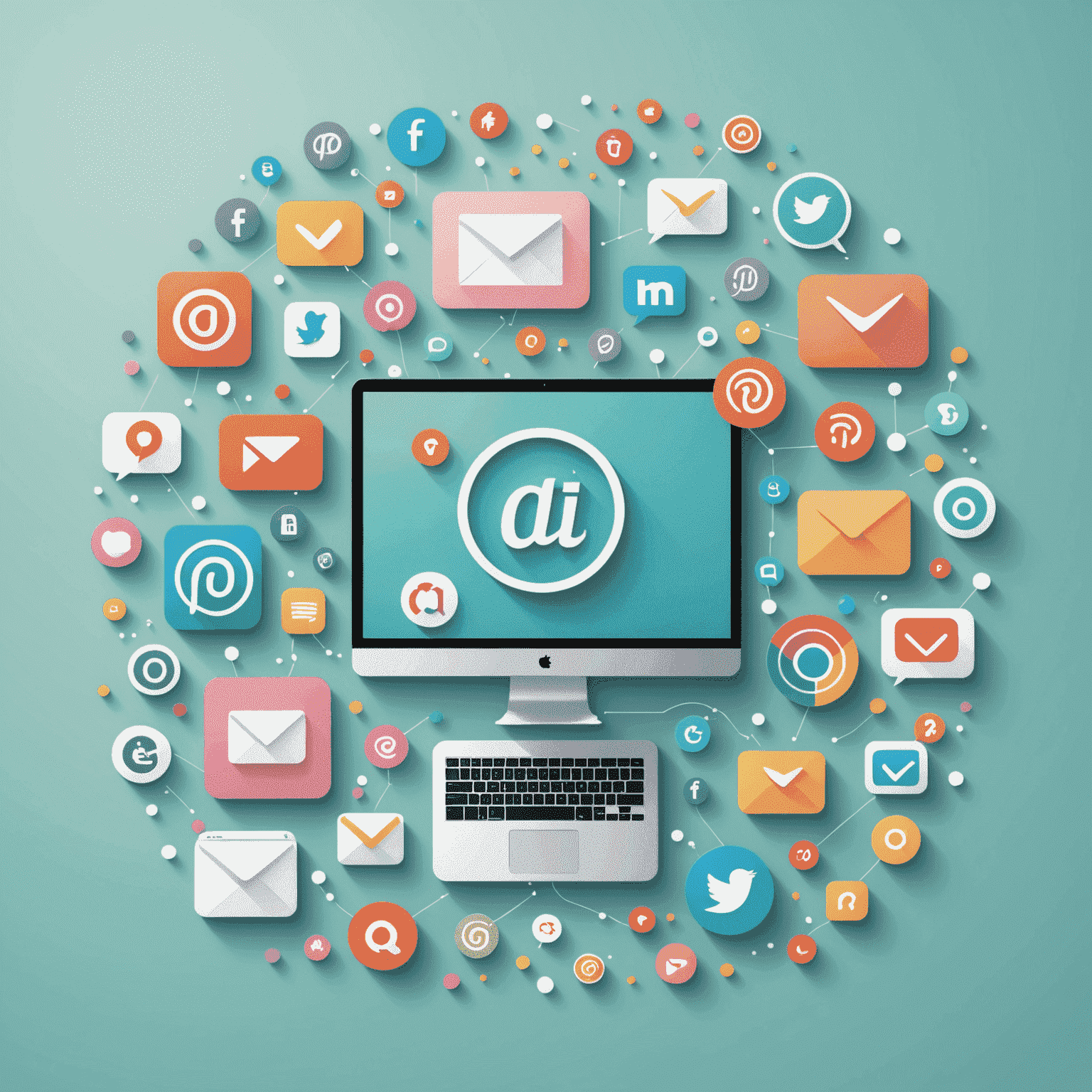 Illustration von verschiedenen digitalen Marketingkanälen wie Social Media, E-Mail und Suchmaschinen in sanften Pastellfarben