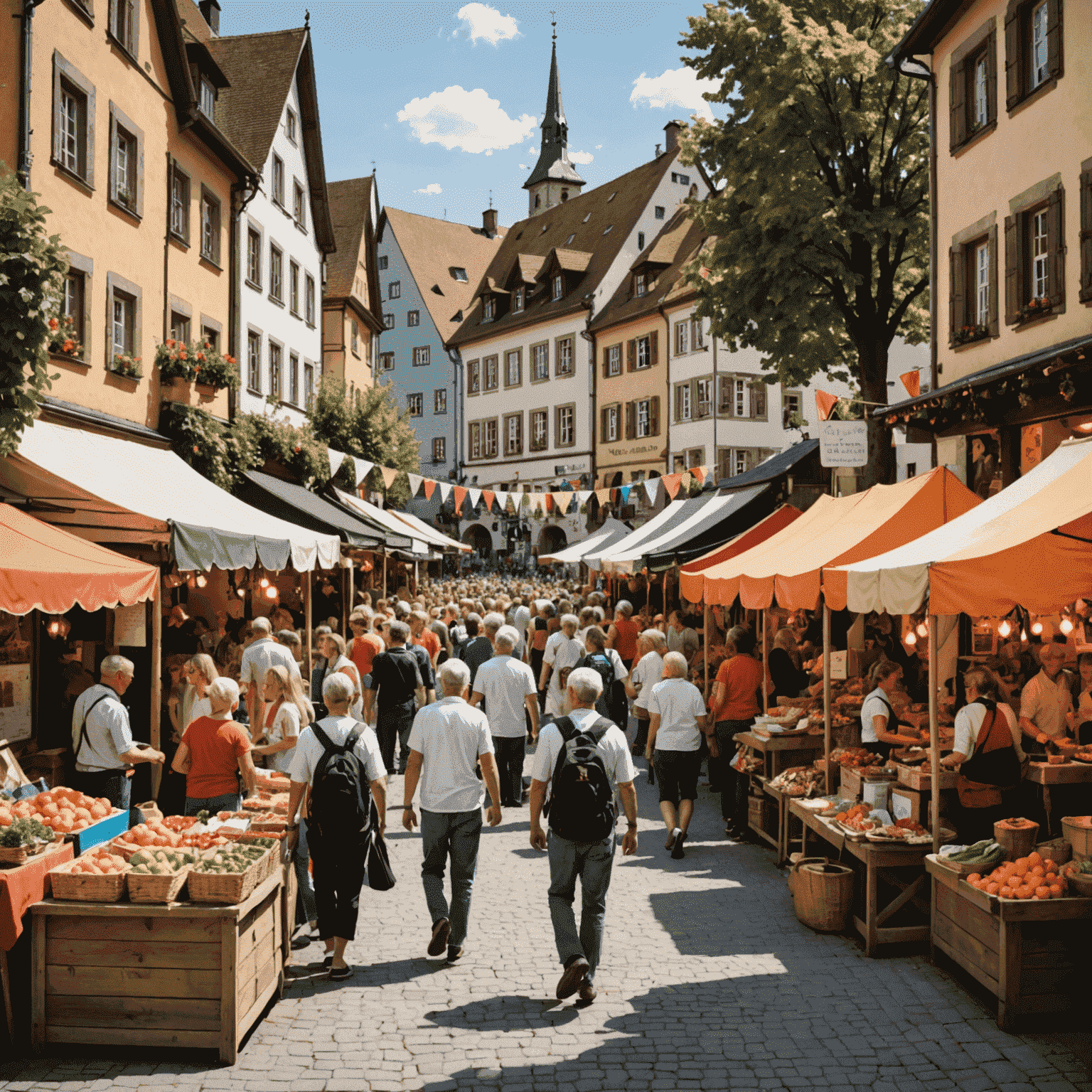 Ein Stadtfest in Steinborn mit bunten Ständen, Musik und fröhlichen Menschen