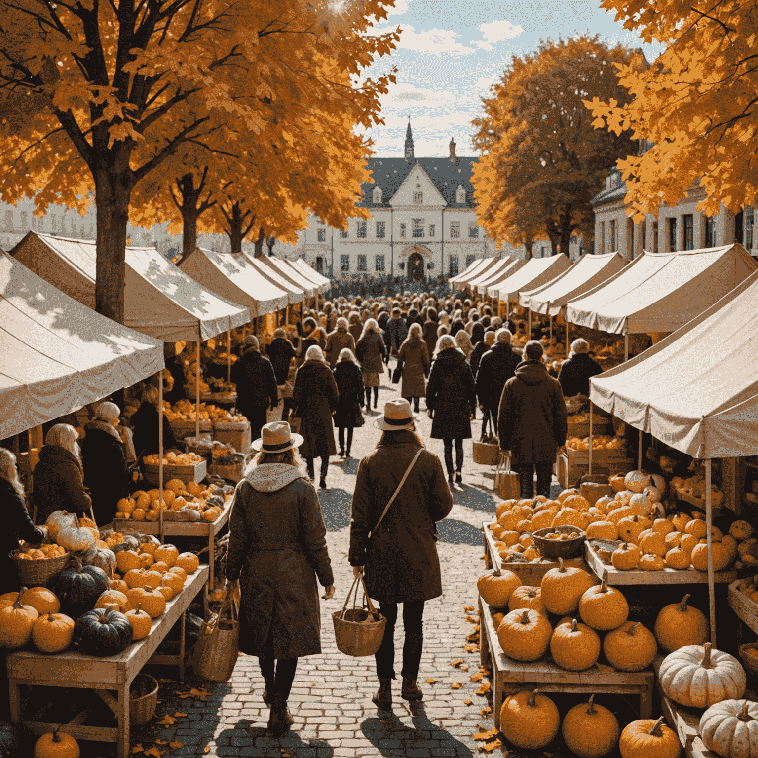 Ein herbstlicher Markt mit Ständen voller saisonaler Produkte, Kürbisse und Menschen in warmer Kleidung