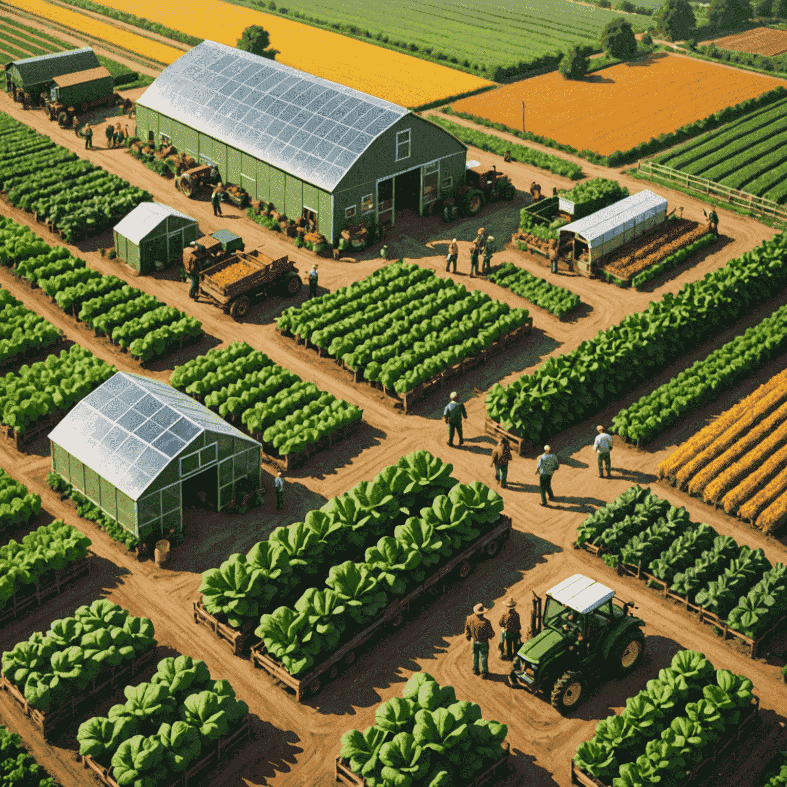 Ein weitläufiger Biohof mit verschiedenen Gemüsefeldern, Gewächshäusern und einer kleinen Gruppe von Landwirten, die gemeinsam die Ernte begutachten.