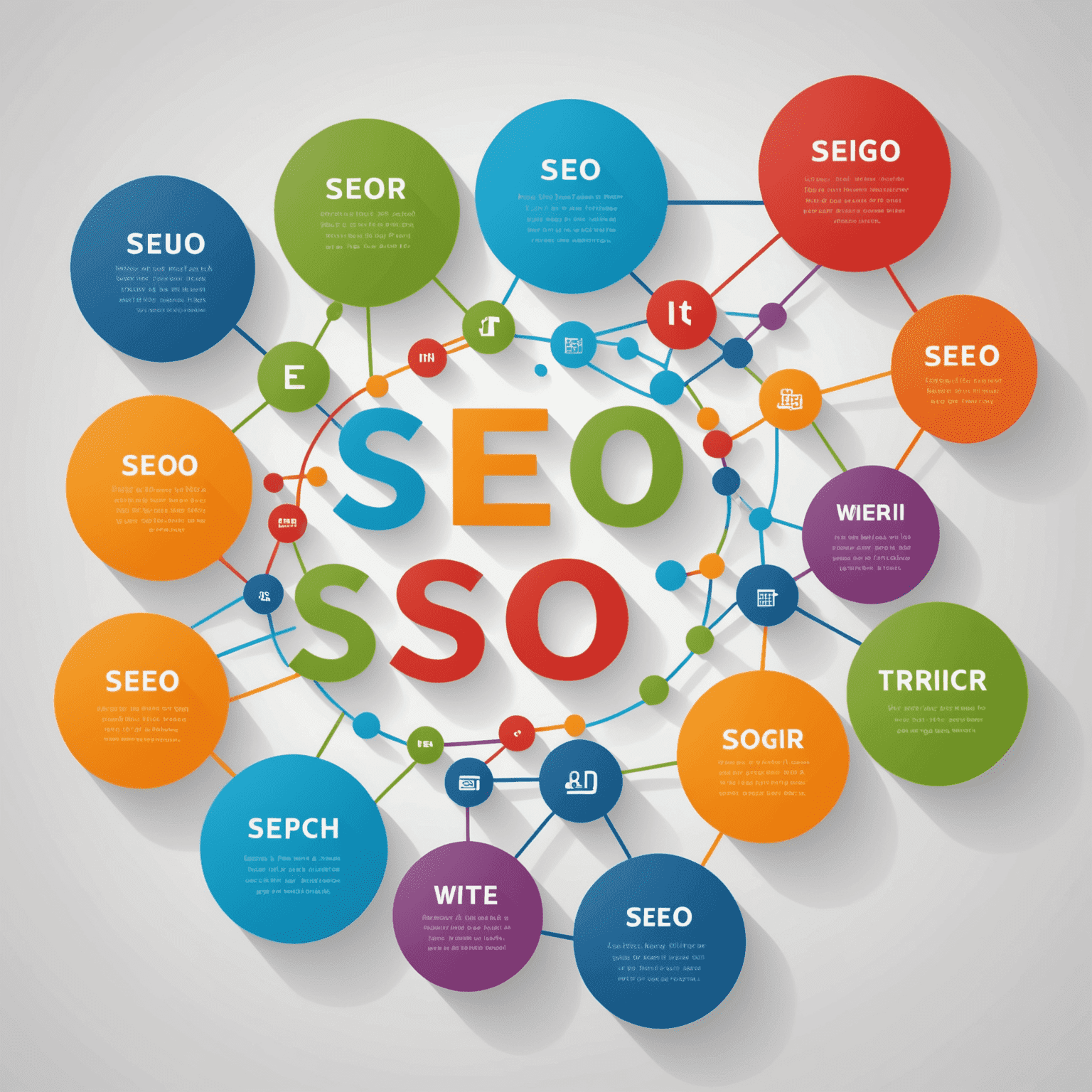 Grafische Darstellung von SEO-Elementen wie Suchbegriffen, Ranking und Website-Struktur in hellen, freundlichen Farben