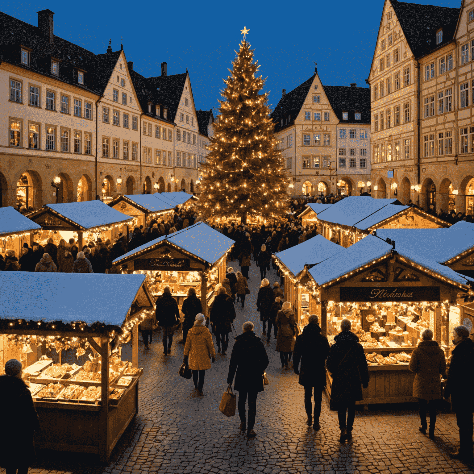 Ein zauberhafter Weihnachtsmarkt in Trier mit beleuchteten Ständen, einem großen Weihnachtsbaum und fröhlichen Besuchern