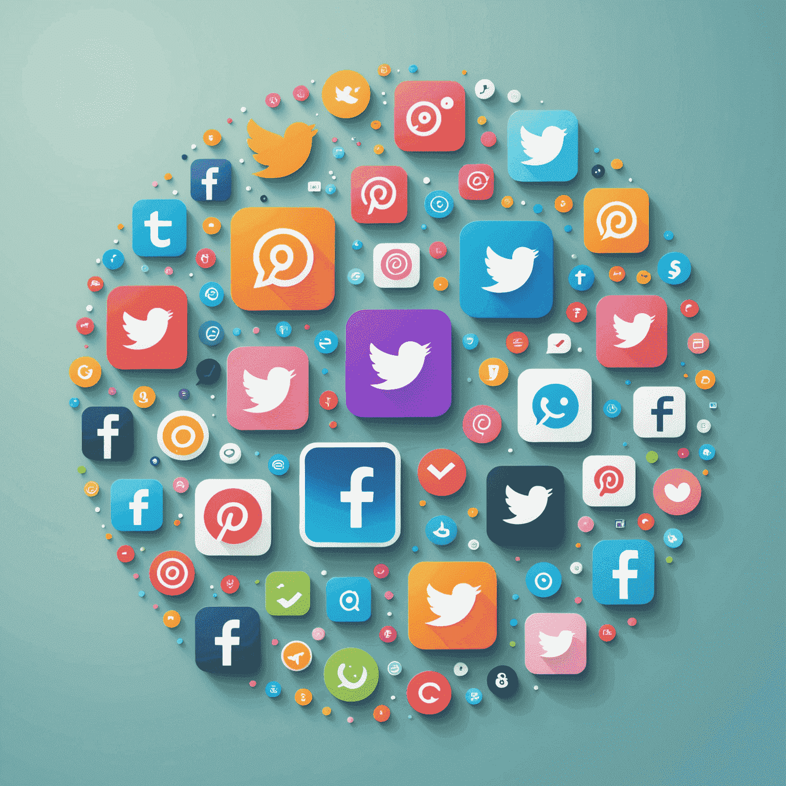 Illustration verschiedener Social-Media-Plattformen und Interaktionssymbole in einem freundlichen, pastellfarbenen Design